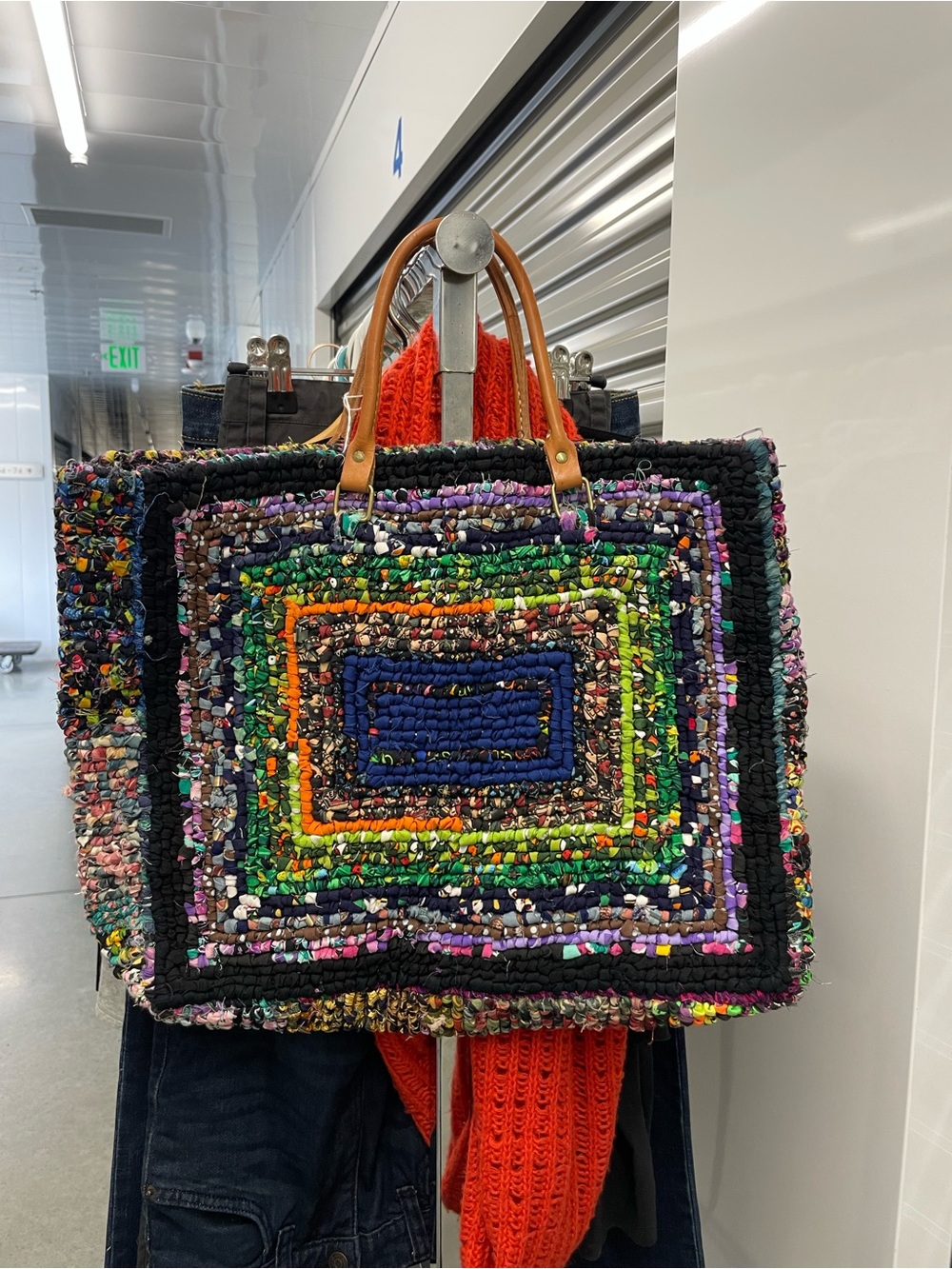Colorful Multicolor Woven Tote Bag with Leather Handles